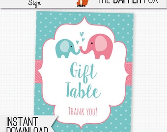 Gift Table Sign Baby Shower Pink Elephant - printable digital - Polka Dot Baby Girl Pink and Teal Elephant baby shower decor 8x10
