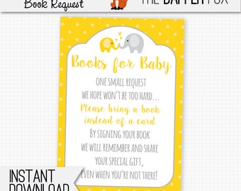 Book Request Yellow Elephant Bring A Book Baby Shower insert card - printable - Books for Baby insert Yellow and Grey Gender Neutral