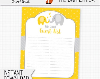 Baby Shower Guest List Yellow Elephant - printable guestlist - Gender Neutral Girl Boy Yellow and Grey Cute Elephant baby shower 8x10