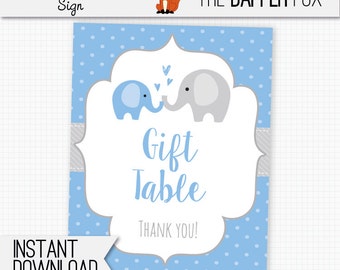 Gift Table Sign Baby Shower Blue Elephant - printable digital - Polka Dot Baby Boy Blue and Grey Elephant baby shower decor 8x10