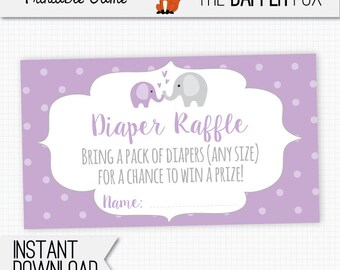 Diaper Raffle Purple Elephant Raffle Ticket Baby Shower insert card - printable - Polka Dot Baby Girl Purple and Grey Cute Elephant