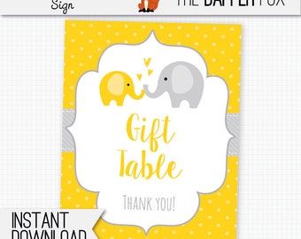Gift Table Sign Baby Shower Yellow Elephant - printable digital - Gender Neutral Girl Boy Yellow and Grey baby shower decor 8x10