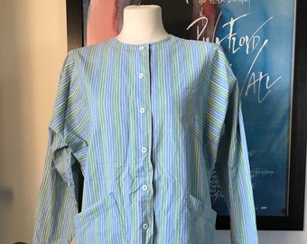 Vintage Marimekko Preppy Shirt / Size S / 1980 Finland / Striped Light Green Baby Blue White