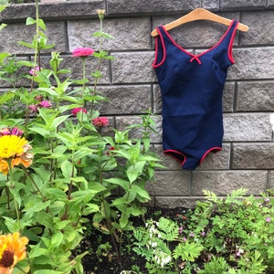 Vintage Bathing Suit / Small - Medium Swimsuit / 1960&#39;s Dark Blue Red details One Piece