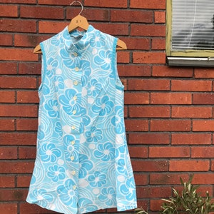 Vintage Marimekko Dress A-line / Swimming Pool Blue with flowers / Size Small / Finland
