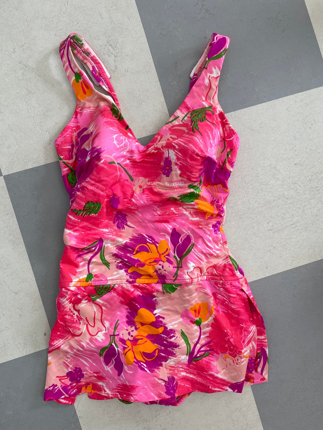 Retro Swimsuit With Neon Pink Flowers and Golden Chains / Medium / 1980