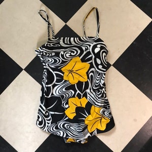 Vintage Swimsuit /Medium Swimsuit / 1960&#39;s Bright yellow black white retro One Piece