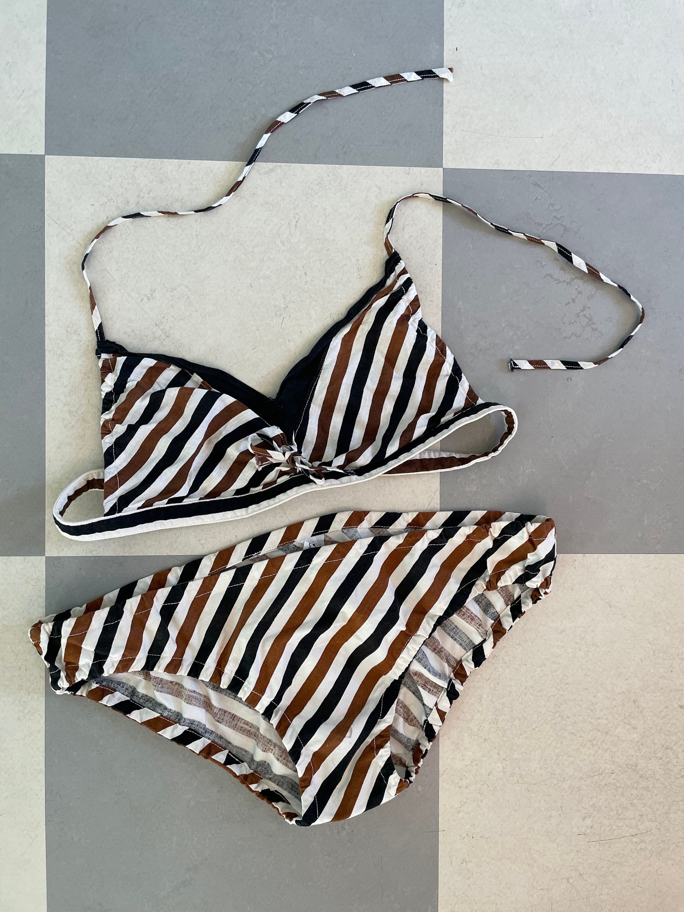 Padded Black & White Stripe Bikini Top With Floral Side Tie Bikini