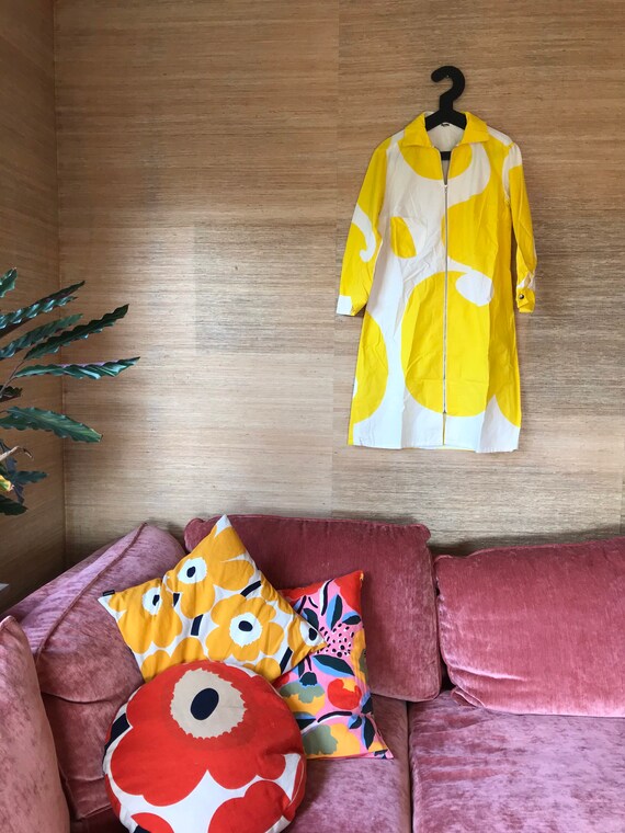 Vintage Marimekko Dress / Retro sunny yellow and w