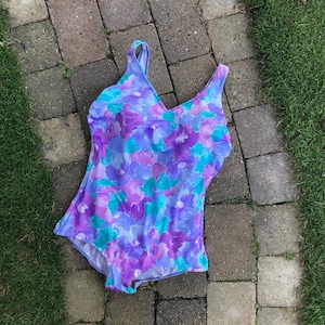 Vintage Bathing Suit / Size 48 - Large Swimsuit / Plus Size C-cups / 1980-90s graphic purple floral One Piece