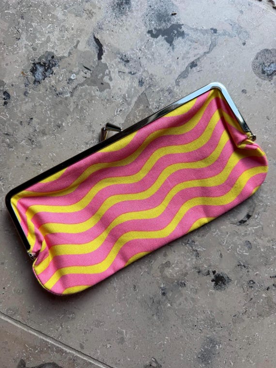 Vintage Marimekko Purse / Finland / Pink Yellow, waves, classic pattern View 3