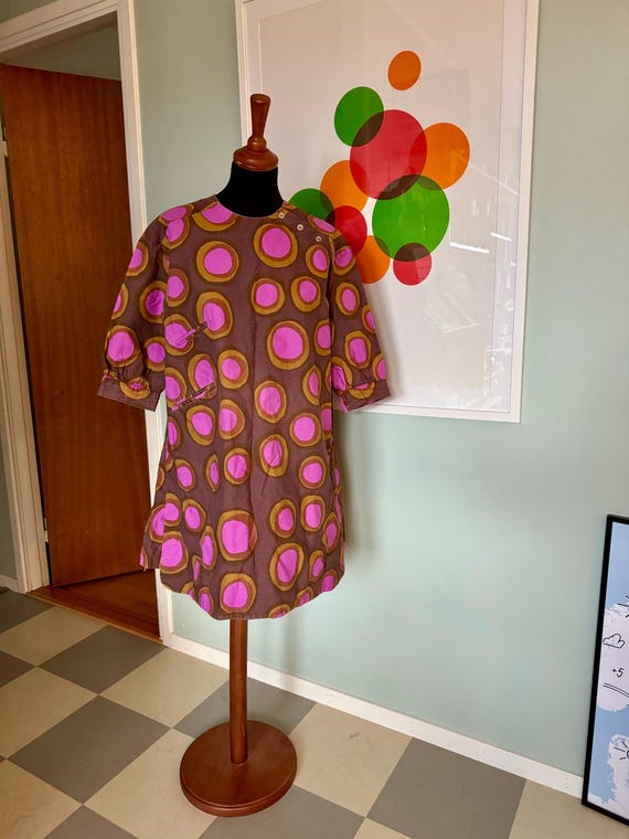Vintage 1960s Marimekko A-line Dress: Finland Brown Pink Circle Print, Size  M
