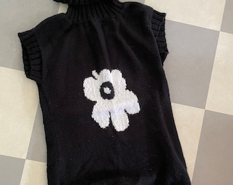 Custom made knitted Marimekko Sleeveless Polo shirt / Black with White Unikko Flowers / flexible size fits Small - Medium - Large / Finland