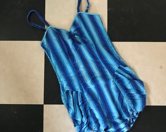 Vintage cotton Sun Dress/ Size 44 Medium - Large / 1950's adorable beach wear One Piece Swimsuit / navy and swimmingpool blue