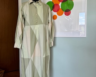 Vintage Marimekko Shirt Dress | 1970s Geometric Green Cotton Maxi Dress | Size 40 | Finland