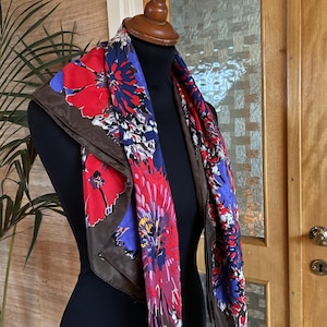 Vintage Silk Scarf from Italy / Big in size / Flowers colorful and brown / Manlio Bonetti