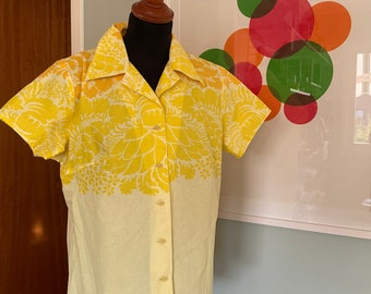 Vintage Marimekko Shirt / Yellow Ornaments / Size 44 - 16, fits Medium - Large / 1990s Finland