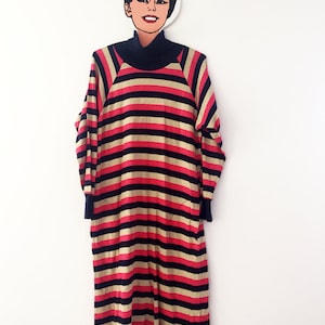 Original Marimekko long sleeved vintage dress 1960/70s / Striped pink/blue/beige, Size Medium