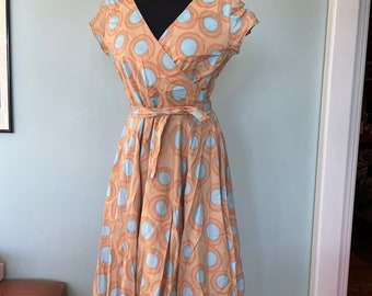 Vintage Marimekko Dress Wrap Around 50s style Dress / Size 12, fits Medium - Large / 1990 Finland / Beige Blue Polka Dot