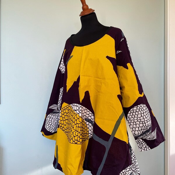 Custom made Marimekko A-line Tunic / Size Large - X Large / Yellow Aubergine Floral Print