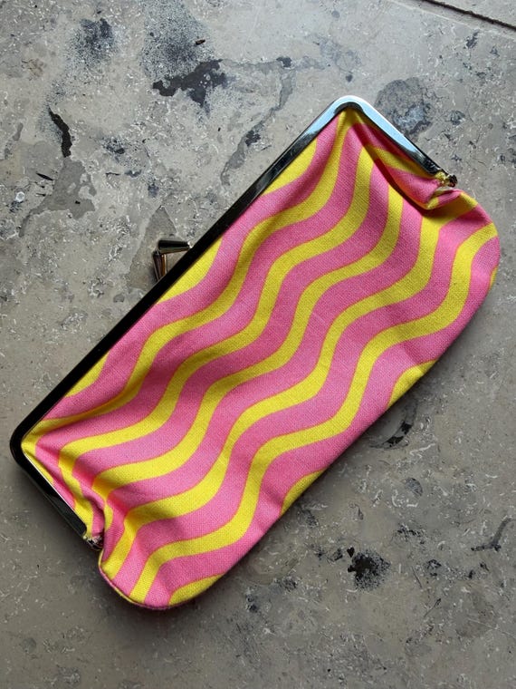 Vintage Marimekko Purse / Finland / Pink Yellow, waves, classic pattern