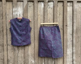 Vintage Marimekko matching set Top and Skirt: Rare 1960s Retro purple and Turquoise