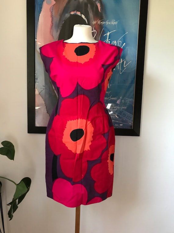 Vintage Marimekko Dress / Pink Red Unikko Flowers
