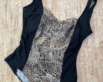 Vintage badpak met luipaardprint: grote maten ééndelig jaren 80-90