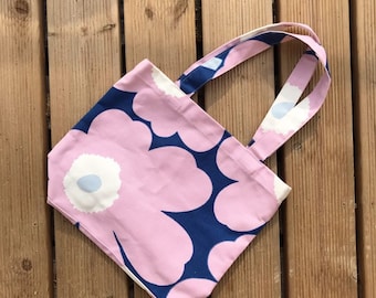 Smaller Vintage Marimekko Cotton Tote Bag / 1990 Finland / Light Purple Blue white Unikko flower