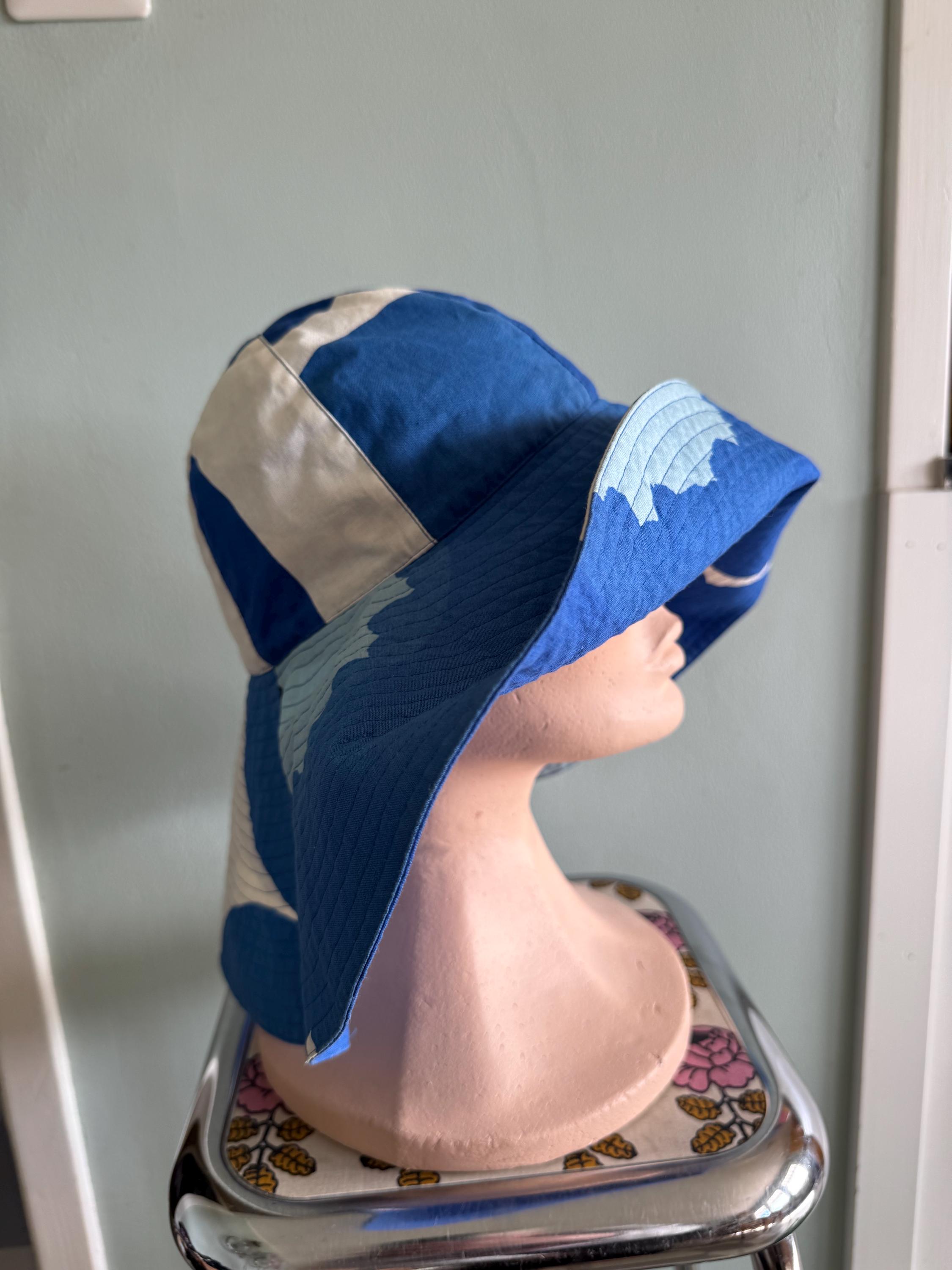 Vintage Marimekko Sun Hat / Cotton / Blue Unikko Flowers 