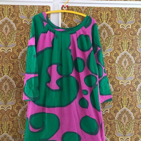 Marimekko vintage dress / Pink Green stretch cotton dress Large / Finland Scandinavian design Kaivo