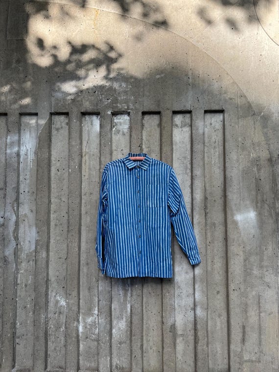 Vintage Marimekko Jokapoika Shirt, Blue Light Blue Stripes, Unisex 