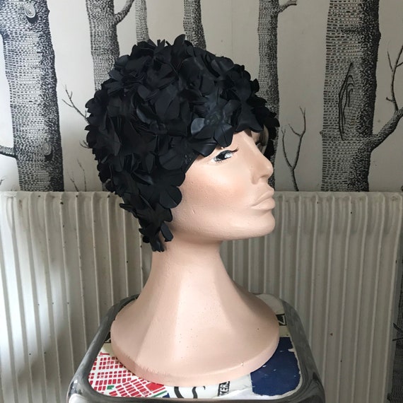 All Black floral swim cap hat / 1950-60 Vintage