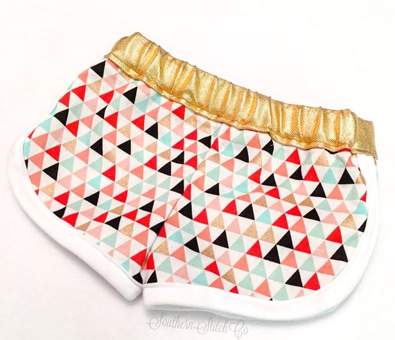 Baby Lounge Shorts in Metallic Multi-colored Triangles Fabric with Gold Waistband