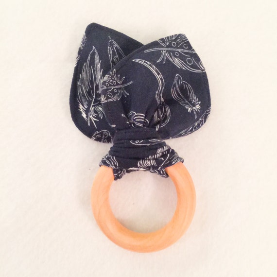 Maple Teething Ring/Fabric Ear Combo in Navy With Feathers