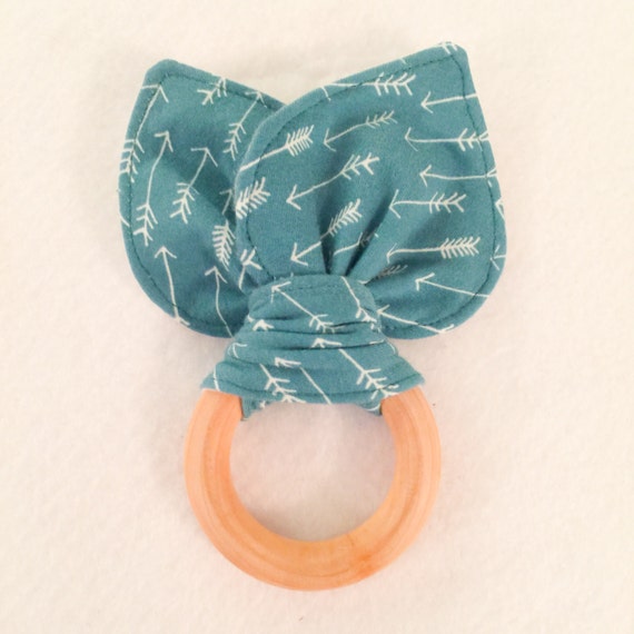 Maple Teething Ring/Fabric Ear Combo in Teal with Arrows