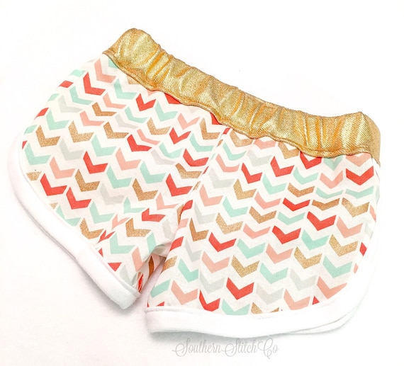 Baby Lounge Shorts in Metallic Multi-colored Chevrons Fabric with Gold Waistband