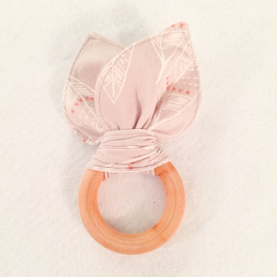 Maple Teething Ring/Fabric Ear Combo in Silver Leaves