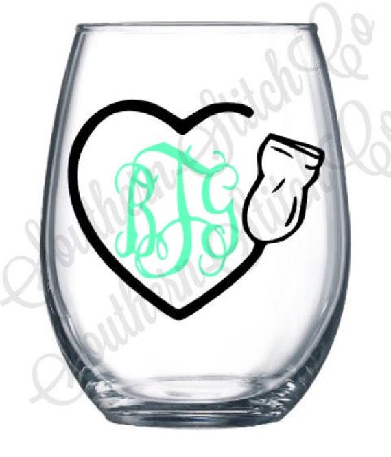 Sonographer Heart Monogram Stemless Wine Glass -Solid Colors Only
