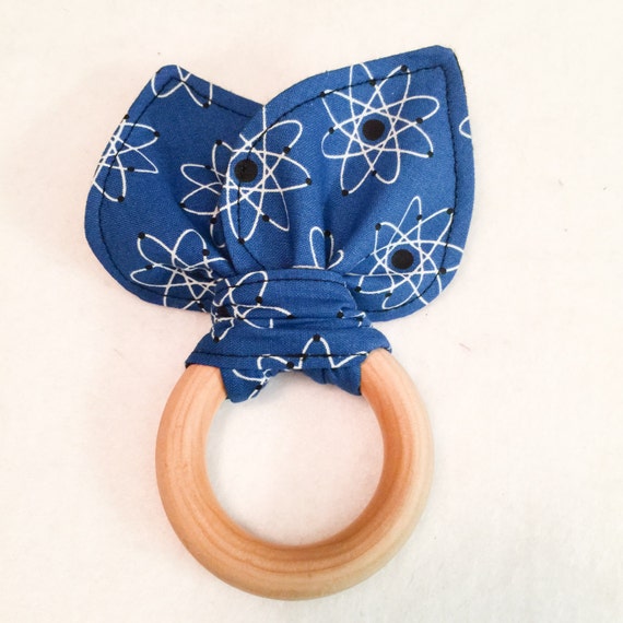 Maple Teething Ring/Fabric Ear Combo Atoms on Blue