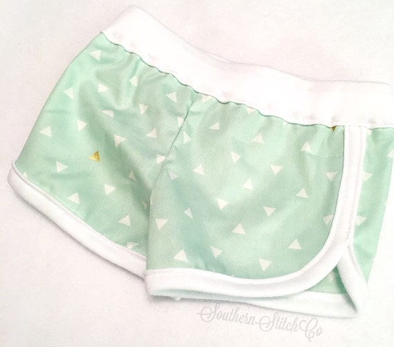 Baby Lounge Shorts in Mint with White and Metallic Gold Triangle Fabric