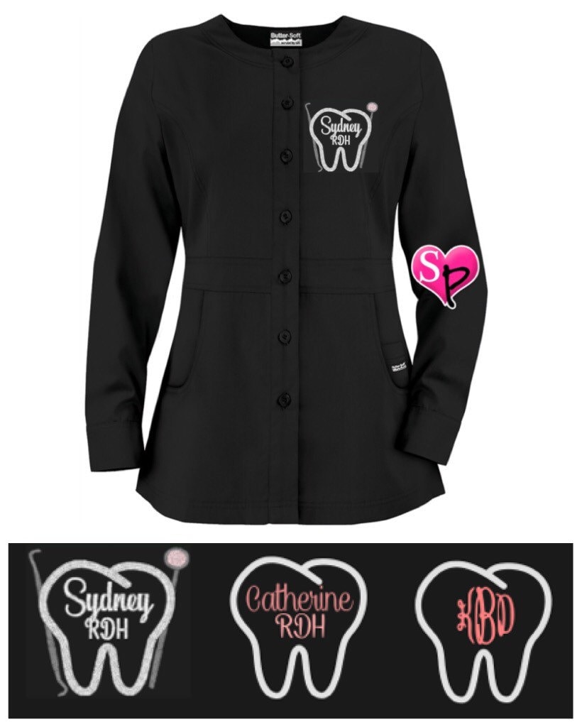 Dental Hygenist Embroidered Monogram Scrub Jacket Buttersoft Button Up