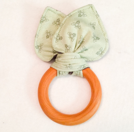 Limited Edition Organic Green/Grey Bees Teething Ring/Fabric Ear Combo