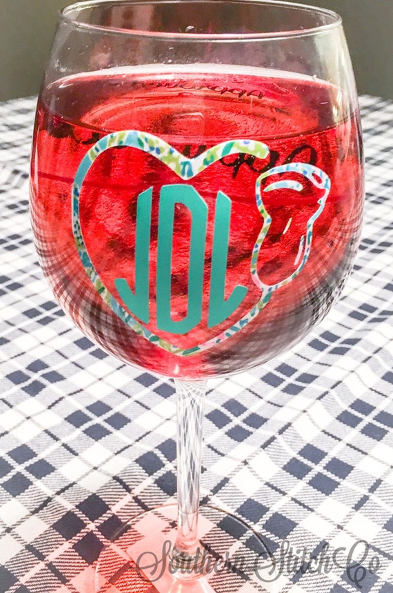 Sonographer Heart Monogram Wine Glass -Solid Colors Only