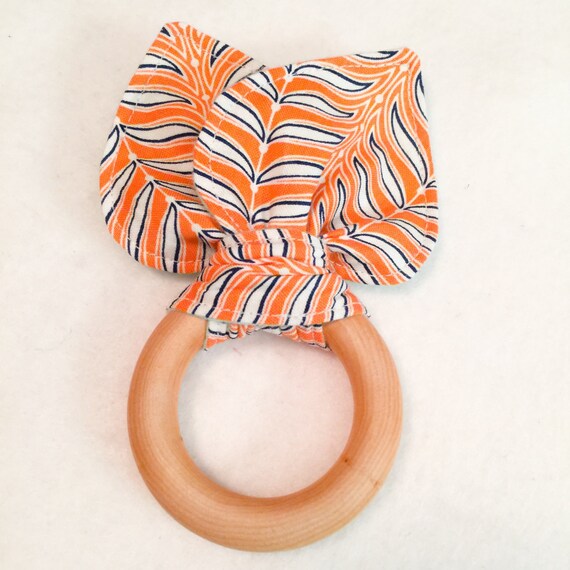 Maple Teething Ring/Fabric Ear Combo Orange/Blue Leaves