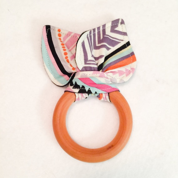 Maple Teething Ring/Fabric Ear Combo Aztec Stripes
