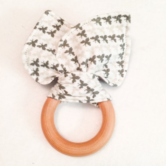 Limited Edition Organic Shades of Grey Chevron Bees Teething Ring/Fabric Ear Combo