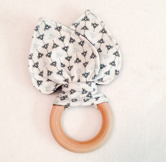 Limited Edition Organic Navy Bees Teething Ring/Fabric Ear Combo