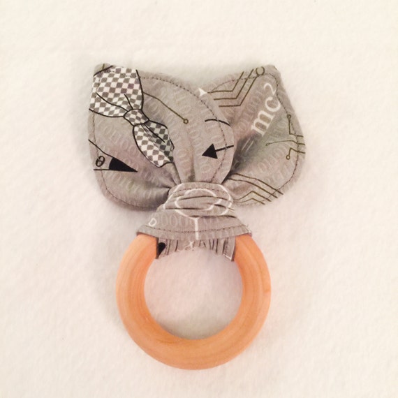 Maple Teething Ring/Fabric Ear Combo in Geeky Grey