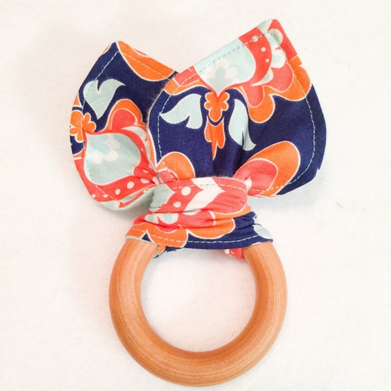 Maple Teething Ring/Fabric Ear Combo Orange/Blue Floral